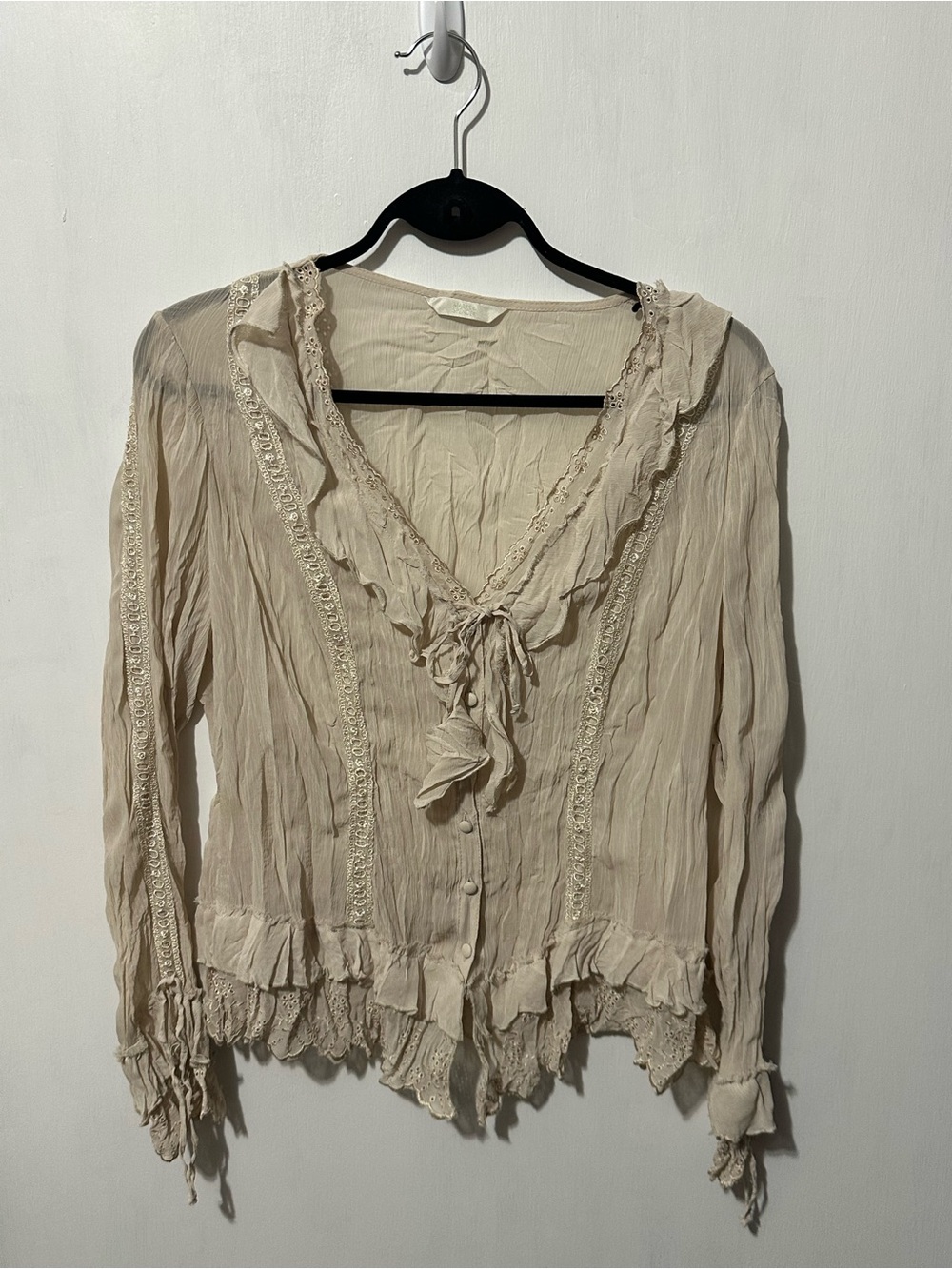 Marks & Spencer beige sheer ruffle-trimmed blouse tie-front bohemian romantic